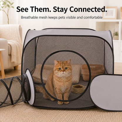 Indoor Cat Playpen with Tunnel & Resting Tent for Safe Home Play - 3-Zone Enclosure for Cats & Kittens