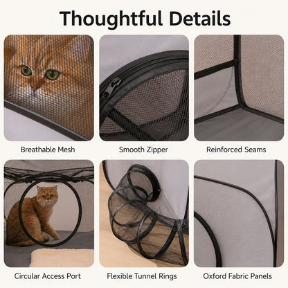 Indoor Cat Playpen with Tunnel & Resting Tent for Safe Home Play - 3-Zone Enclosure for Cats & Kittens
