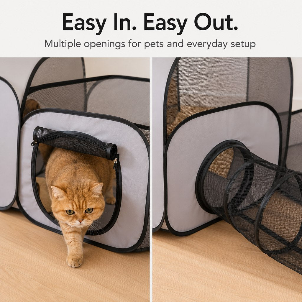 Indoor Cat Playpen with Tunnel & Resting Tent for Safe Home Play - 3-Zone Enclosure for Cats & Kittens