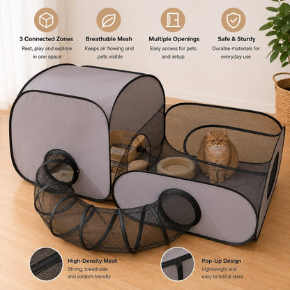 Indoor Cat Playpen with Tunnel & Resting Tent for Safe Home Play - 3-Zone Enclosure for Cats & Kittens
