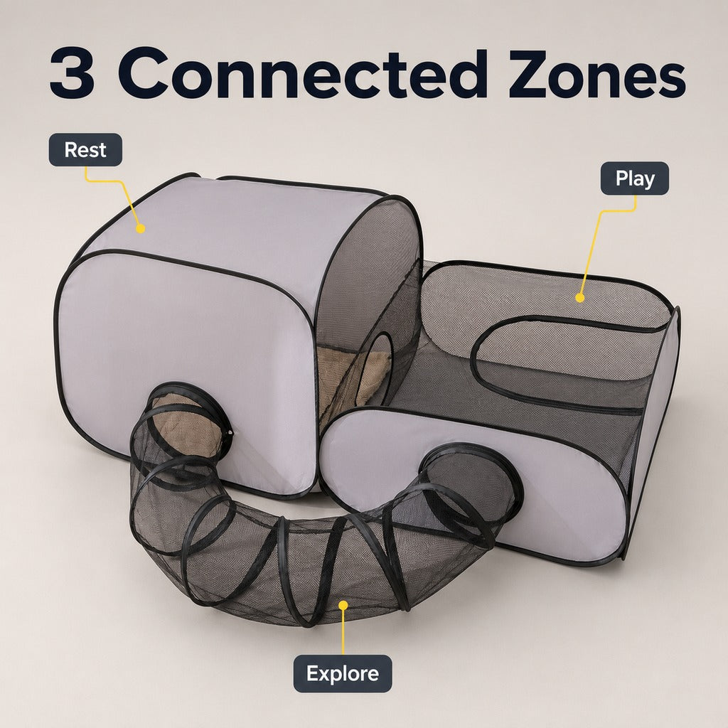 Indoor Cat Playpen with Tunnel & Resting Tent for Safe Home Play - 3-Zone Enclosure for Cats & Kittens