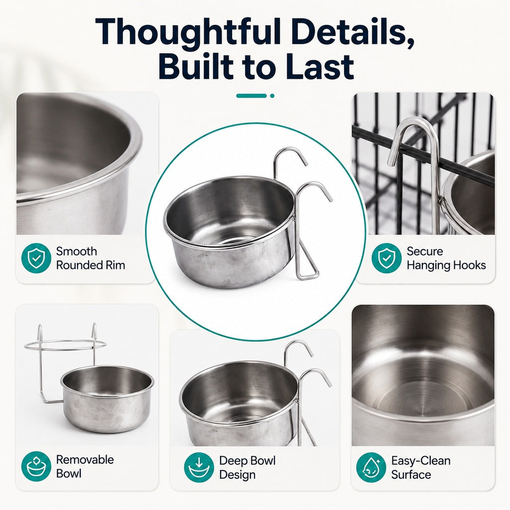 Inside-Crate Stainless Steel Hanging Pet Bowl for Dogs & Cats - No-Tip Food & Water Bowl for Kennels