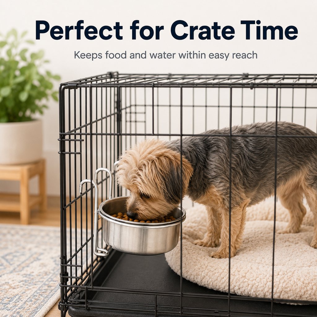 Inside-Crate Stainless Steel Hanging Pet Bowl for Dogs & Cats - No-Tip Food & Water Bowl for Kennels