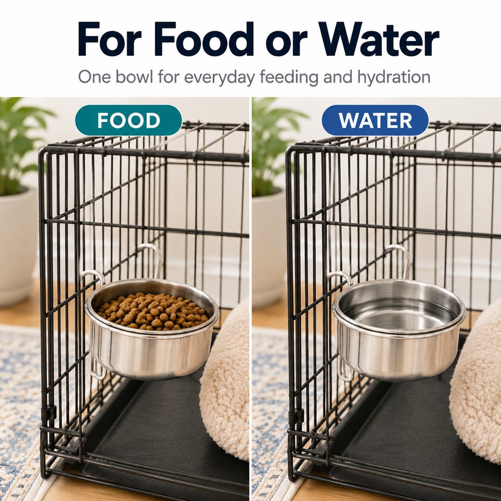 Inside-Crate Stainless Steel Hanging Pet Bowl for Dogs & Cats - No-Tip Food & Water Bowl for Kennels