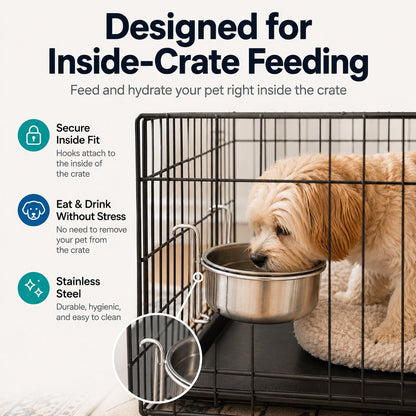 Inside-Crate Stainless Steel Hanging Pet Bowl for Dogs & Cats - No-Tip Food & Water Bowl for Kennels