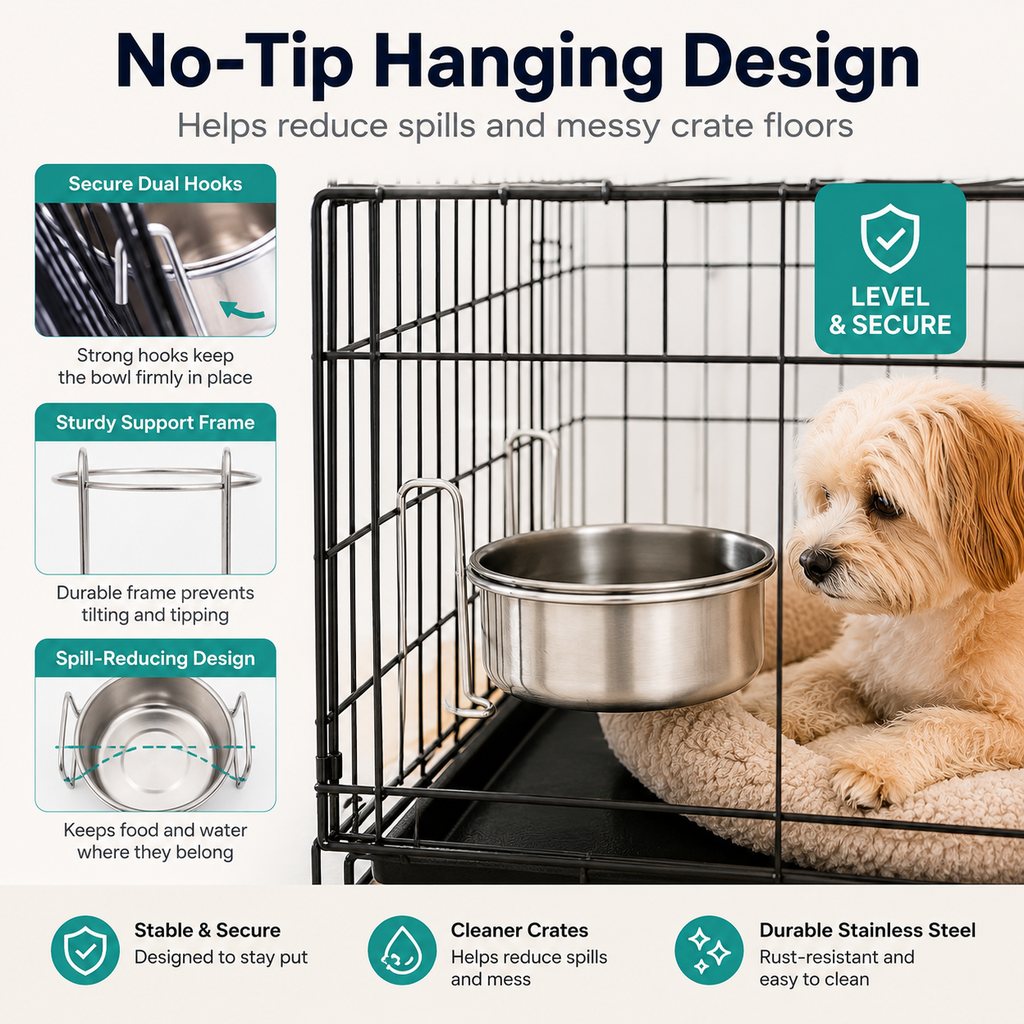 Inside-Crate Stainless Steel Hanging Pet Bowl for Dogs & Cats - No-Tip Food & Water Bowl for Kennels