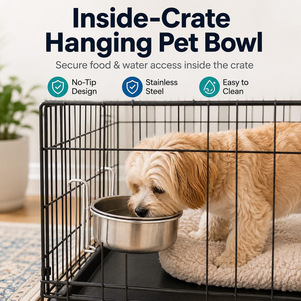 Inside-Crate Stainless Steel Hanging Pet Bowl for Dogs & Cats - No-Tip Food & Water Bowl for Kennels