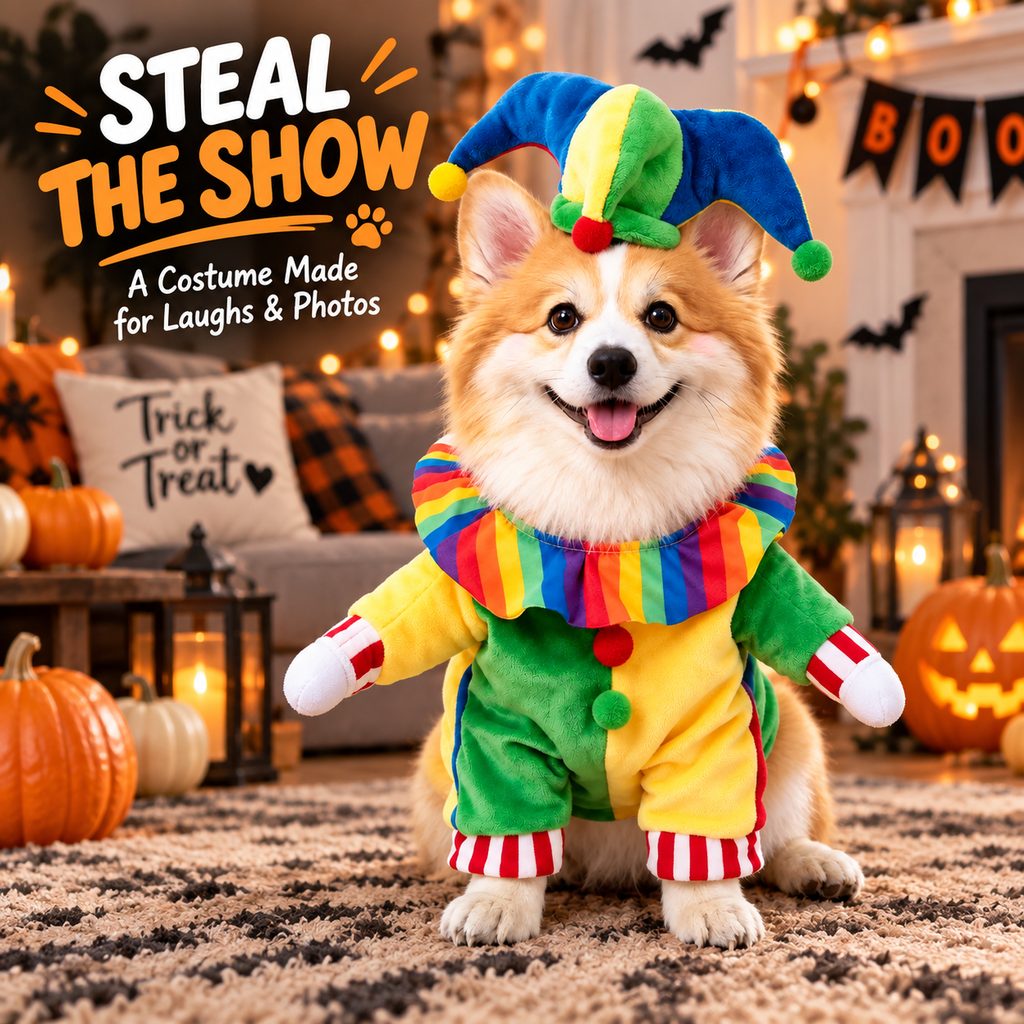 Halloween Jester Clown Dog Costume with Hat & Fake Arms - Funny Photo-Ready Pet Outfit for Trick-or-Treat Parties