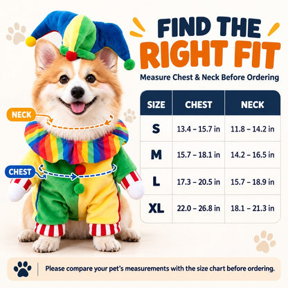 Halloween Jester Clown Dog Costume with Hat & Fake Arms - Funny Photo-Ready Pet Outfit for Trick-or-Treat Parties