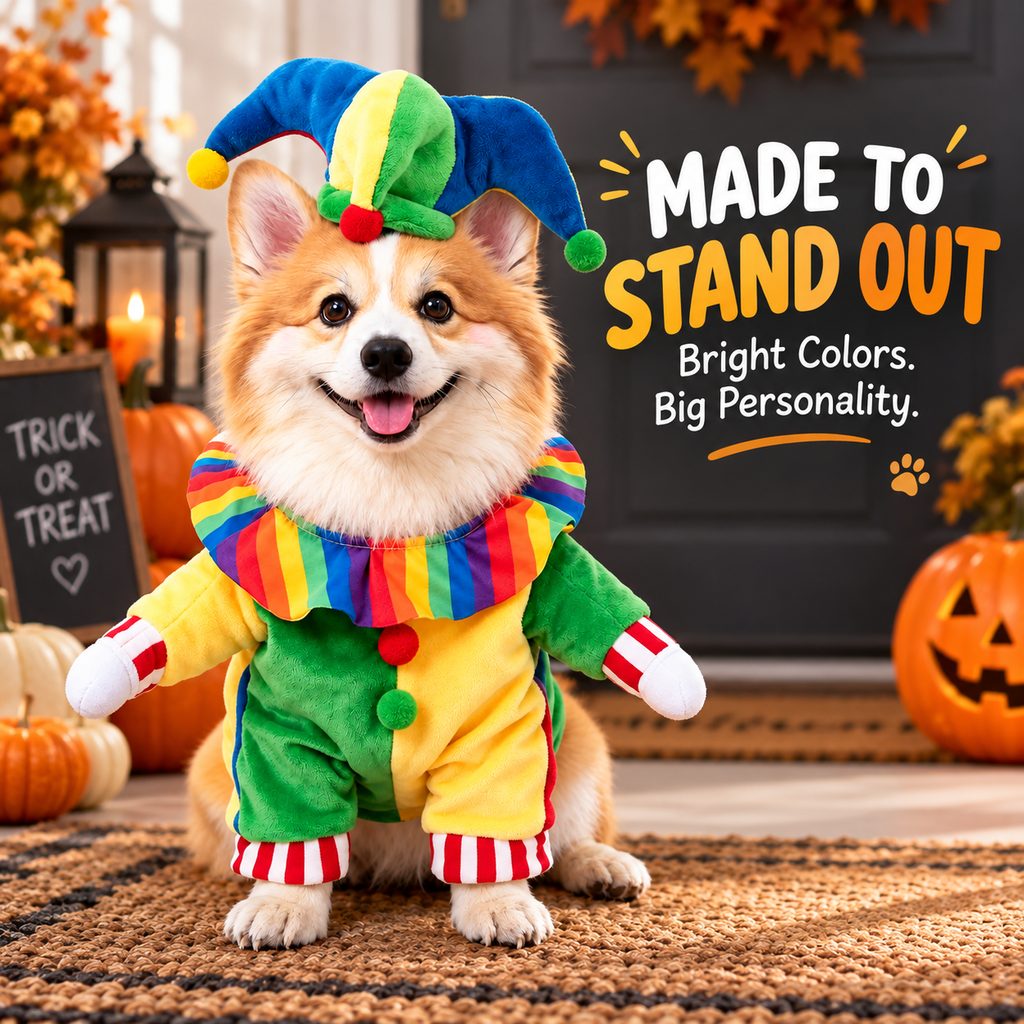 Halloween Jester Clown Dog Costume with Hat & Fake Arms - Funny Photo-Ready Pet Outfit for Trick-or-Treat Parties