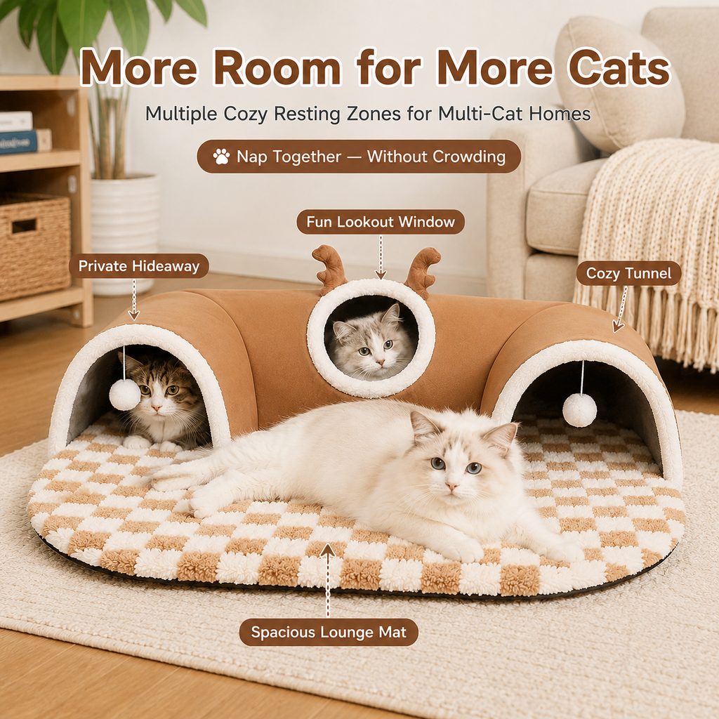 3-in-1 Multi-Cat Tunnel Bed & Play Mat for Indoor Cats - Spacious Cozy Hideaway for Shared Rest, Play & Less Bed Competition