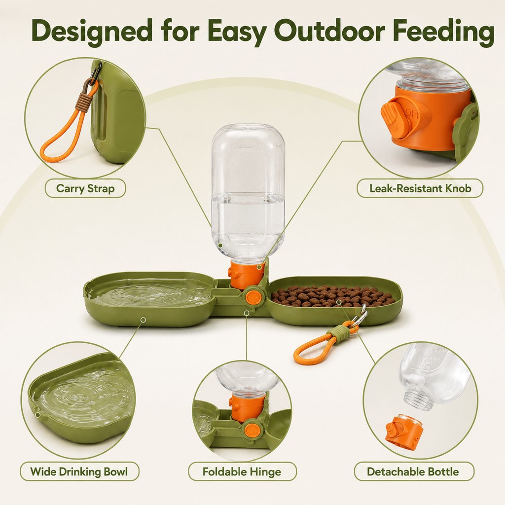 Portable Folding Pet Water & Food Cup for Walks & Hiking - 15.6 oz Leak-Resistant Dog & Cat Travel Bottle Bowl