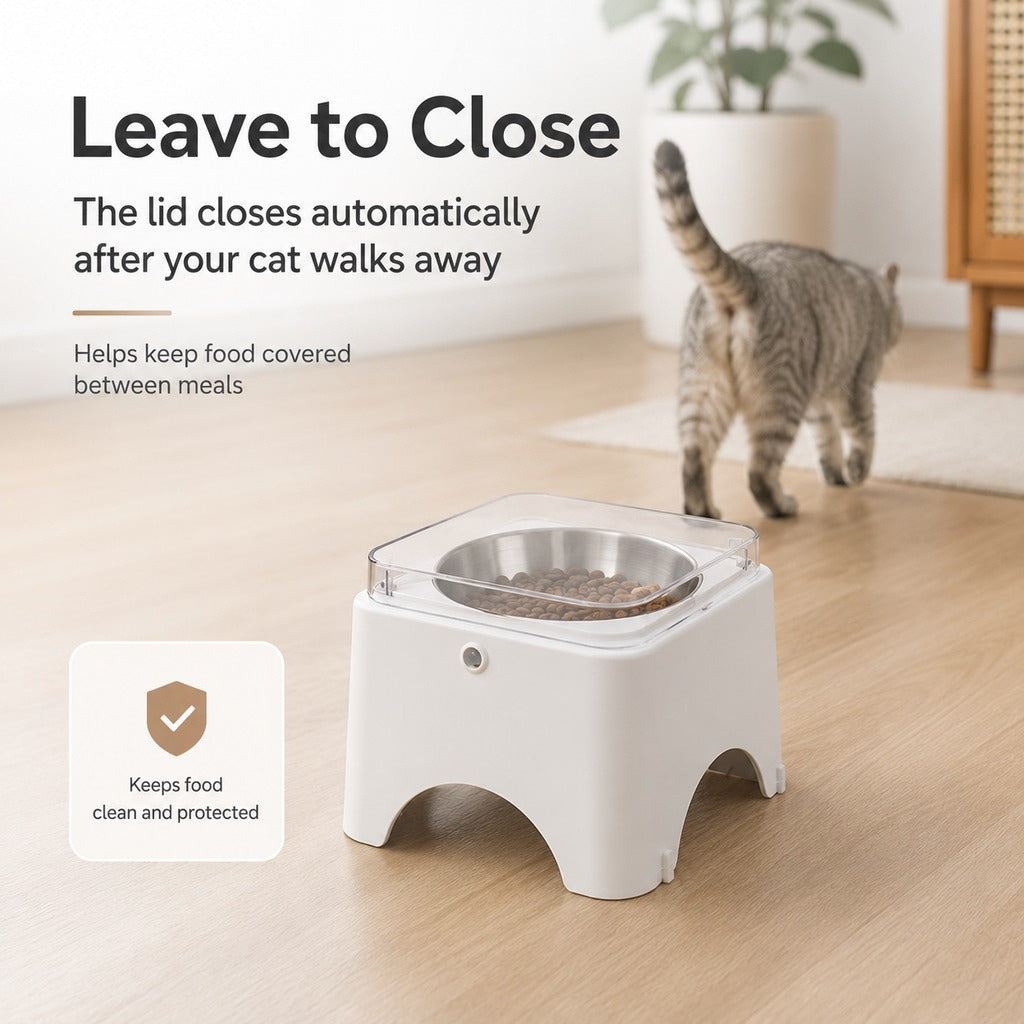 Smart Auto-Opening Covered Cat Bowl for Cleaner Indoor Feeding - Rechargeable Dustproof Cat Feeder