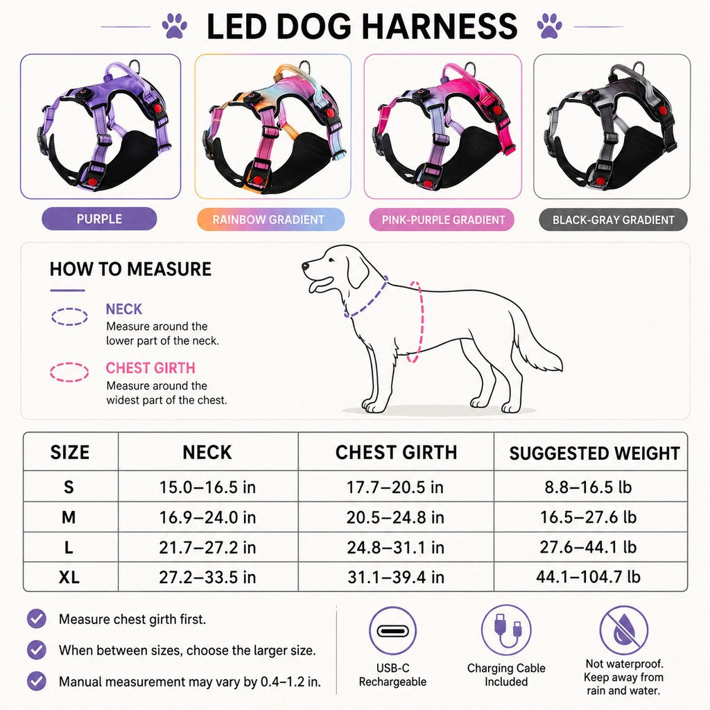 Rechargeable LED Dog Harness for Night Walks - Back-Panel Glow & Reflective Webbing for Better Low-Light Visibility