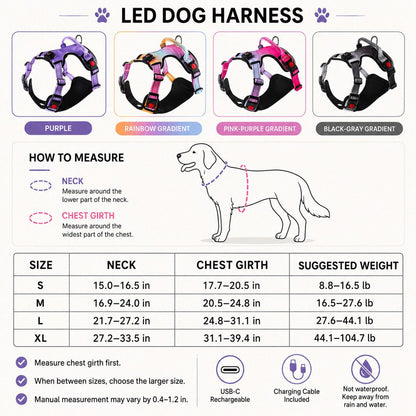 Rechargeable LED Dog Harness for Night Walks - Back-Panel Glow & Reflective Webbing for Better Low-Light Visibility