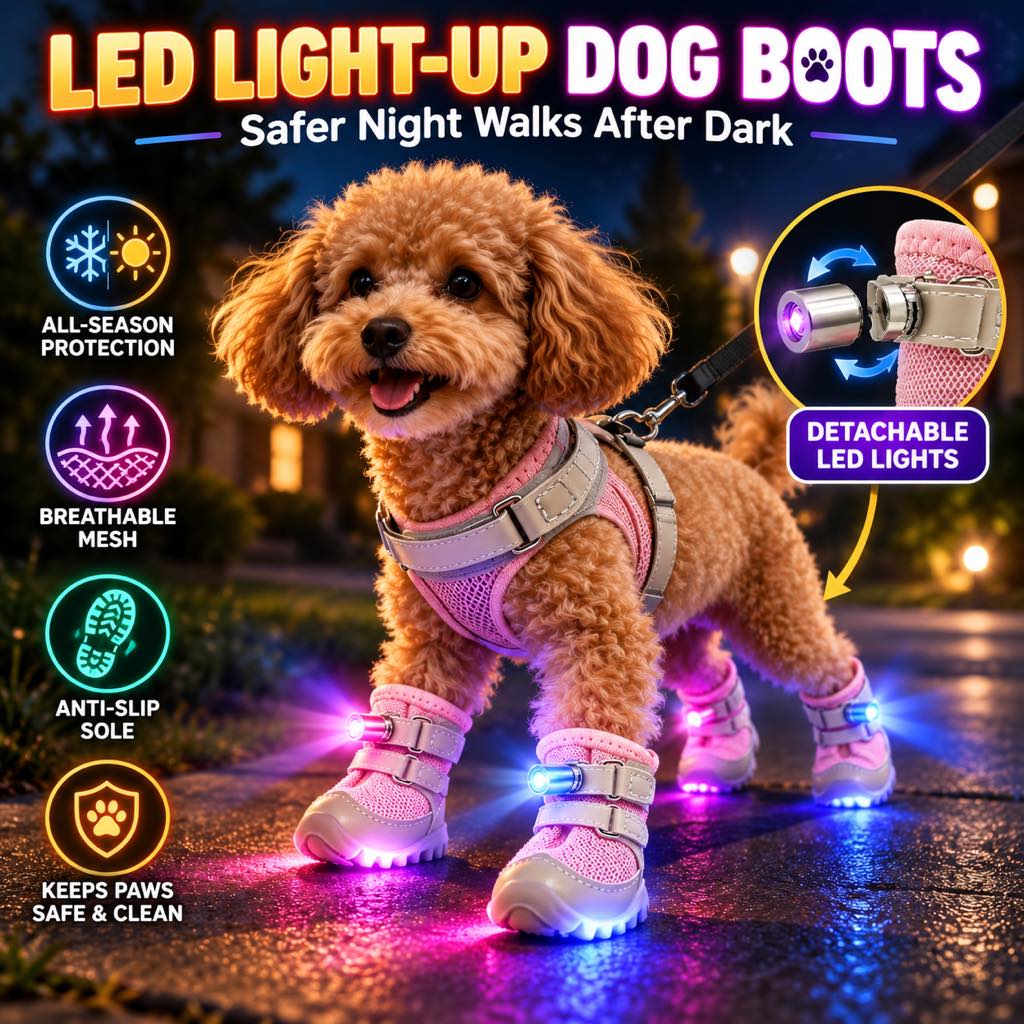 LED Light-Up Dog Boots for Night Walks – Breathable Anti-Slip Paw Protection