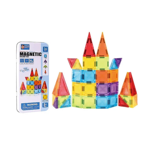 Child building colorful structures with magnetic tiles