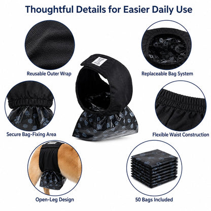 Reusable Male Dog Urine Collection Wrap with 50 Bags - Indoor Marking & Accident Support