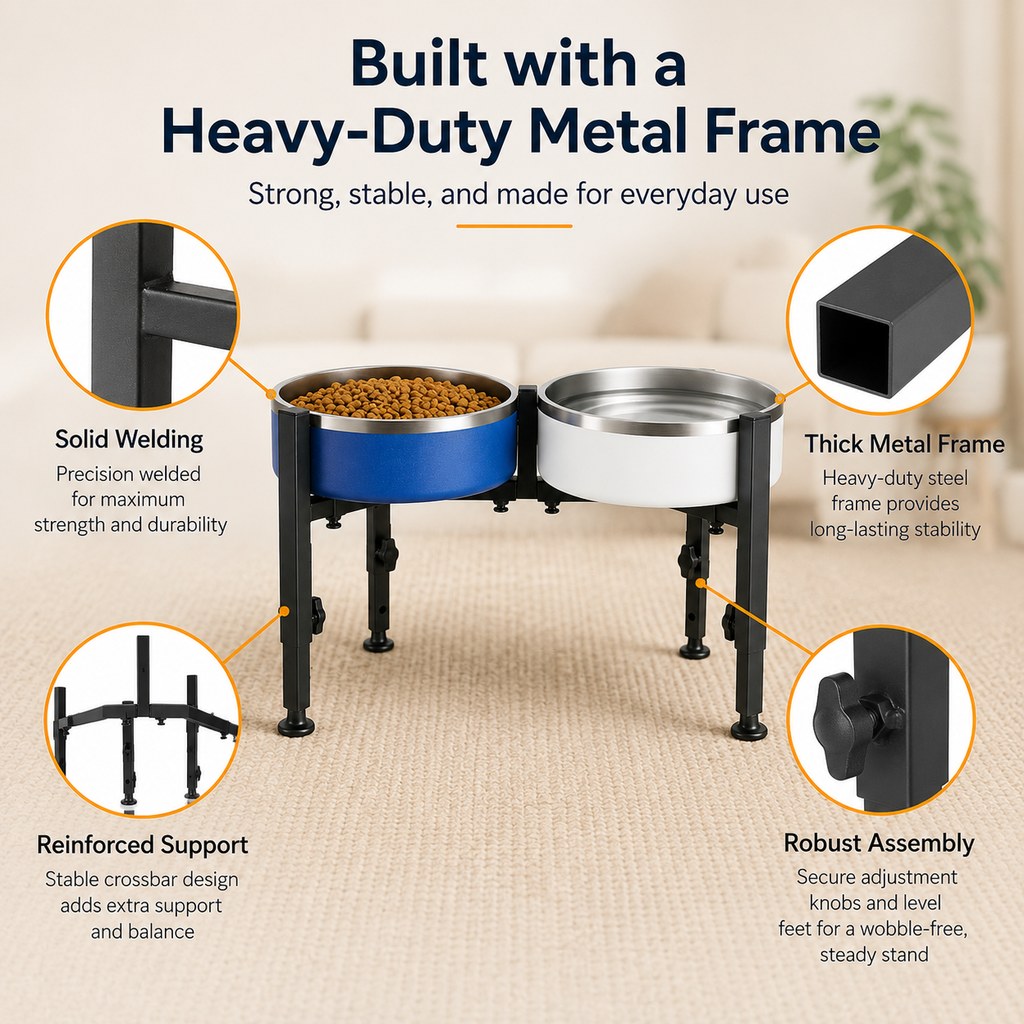Adjustable Raised Dog Bowl Stand for Home Feeding - No-Bend Metal Pet Bowl Holder for Cleaner, More Comfortable Meals