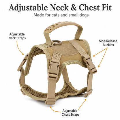 Mini Tactical Pet Harness Vest for Cats & Small Dogs - Outdoor Walking Harness with Handle to Reduce Neck Pulling