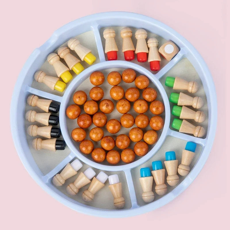 Top view of two-in-one wooden board game with balls and coloured pegs