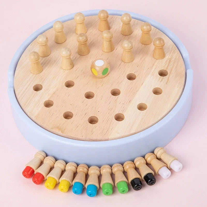 Wooden peg memory game board with coloured die and pieces