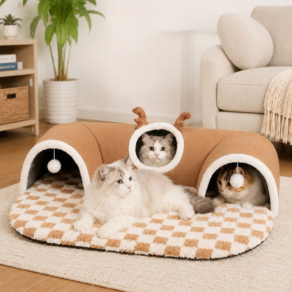 3-in-1 Multi-Cat Tunnel Bed & Play Mat for Indoor Cats - Spacious Cozy Hideaway for Shared Rest, Play & Less Bed Competition