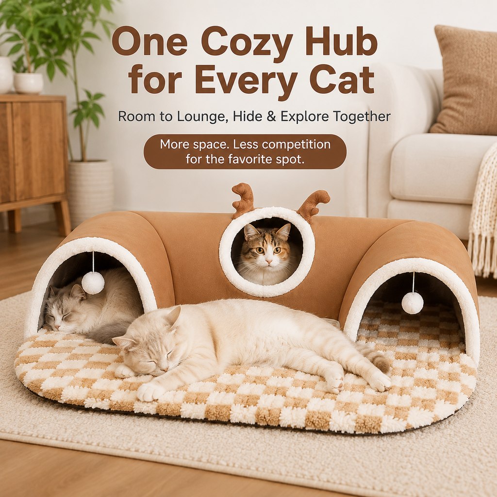 3-in-1 Multi-Cat Tunnel Bed & Play Mat for Indoor Cats - Spacious Cozy Hideaway for Shared Rest, Play & Less Bed Competition