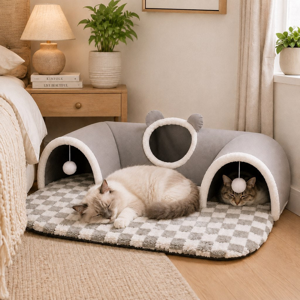3-in-1 Multi-Cat Tunnel Bed & Play Mat for Indoor Cats - Spacious Cozy Hideaway for Shared Rest, Play & Less Bed Competition