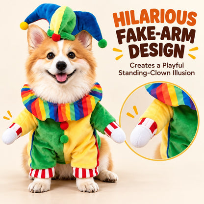 Halloween Jester Clown Dog Costume with Hat & Fake Arms - Funny Photo-Ready Pet Outfit for Trick-or-Treat Parties