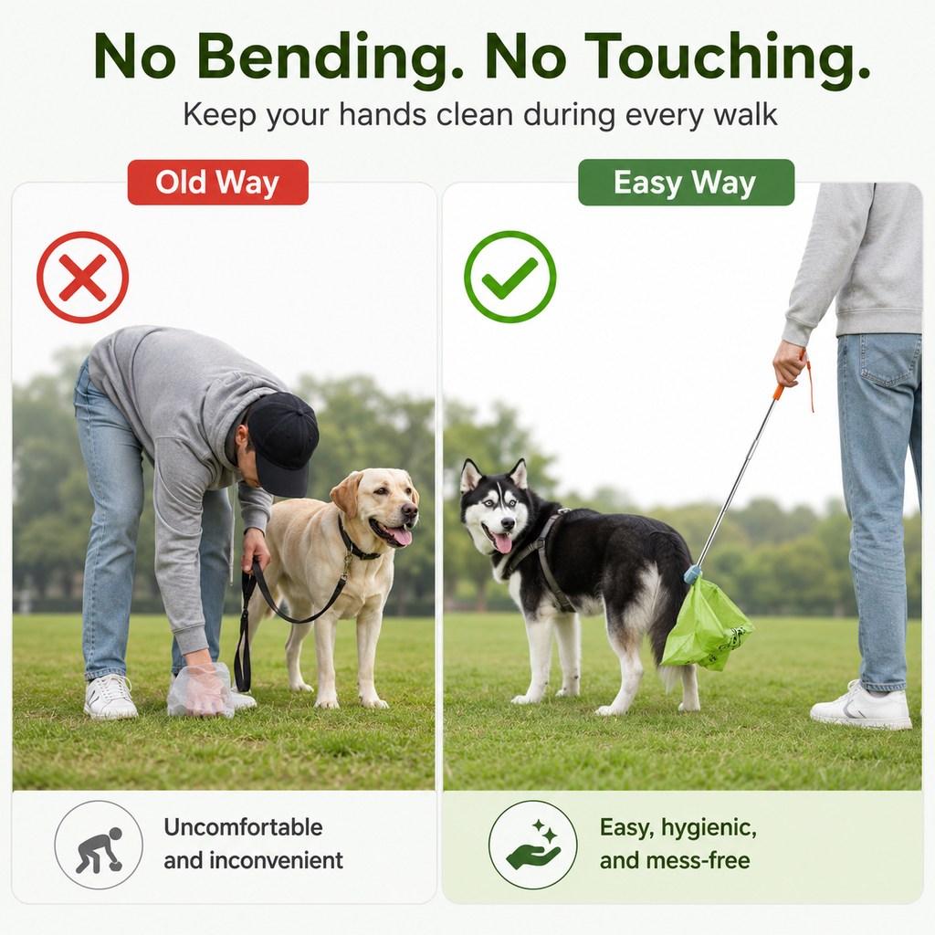 Foldable Dog Poop Catcher for Walks - No-Bend Waste Pickup Tool with Telescopic Handle