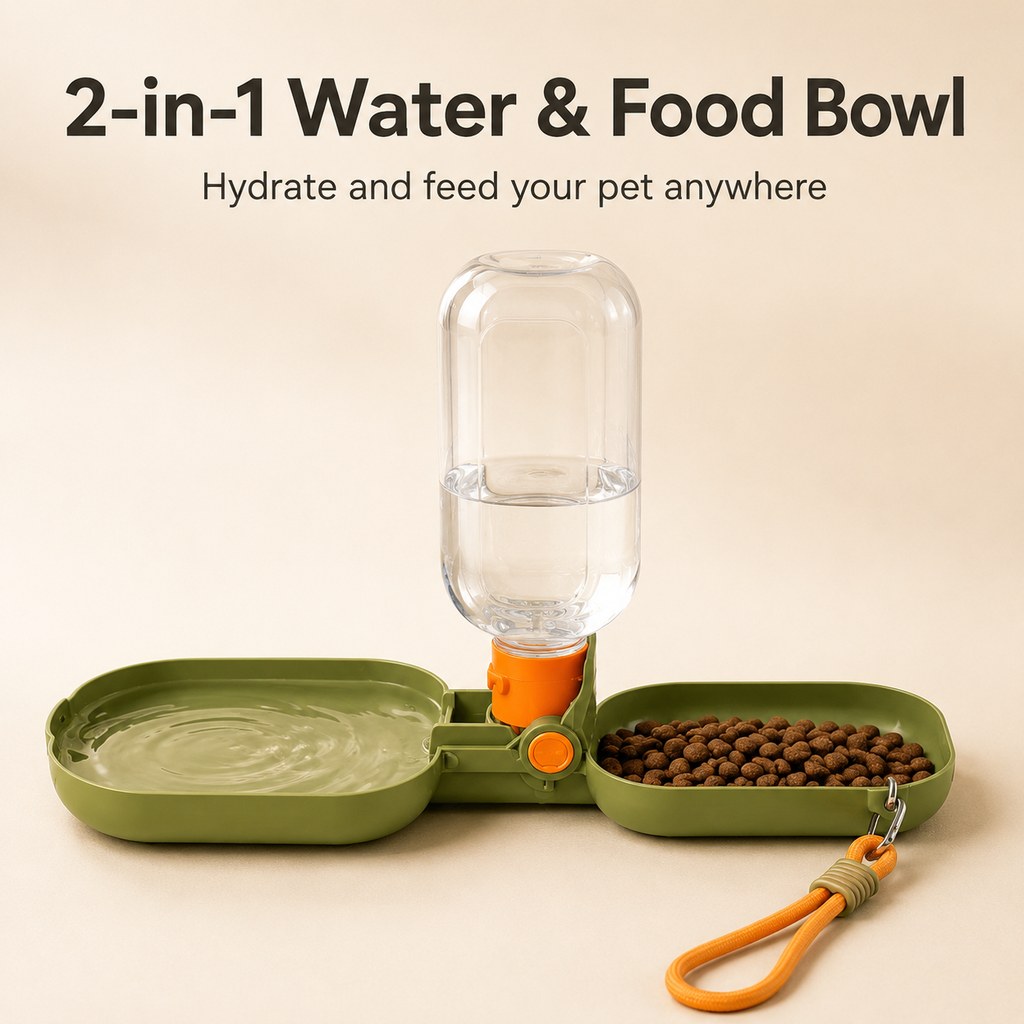 Portable Folding Pet Water & Food Cup for Walks & Hiking - 15.6 oz Leak-Resistant Dog & Cat Travel Bottle Bowl