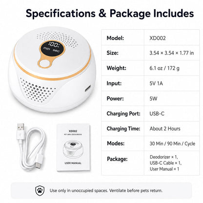 Rechargeable Ozone Pet Odor Deodorizer for Litter Box & Empty Crate Areas – USB-C Odor Treatment Device for Unoccupied Small Spaces
