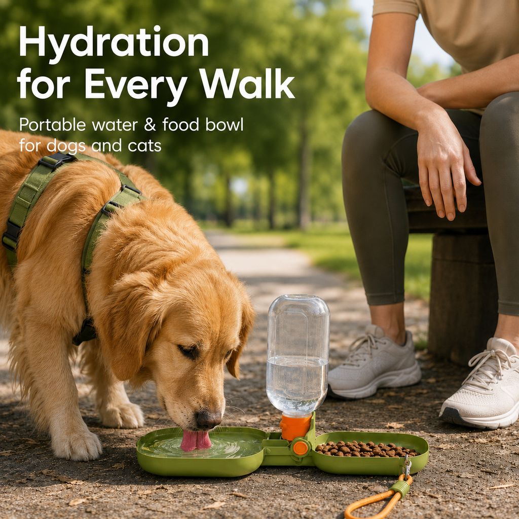 Portable Folding Pet Water & Food Cup for Walks & Hiking - 15.6 oz Leak-Resistant Dog & Cat Travel Bottle Bowl
