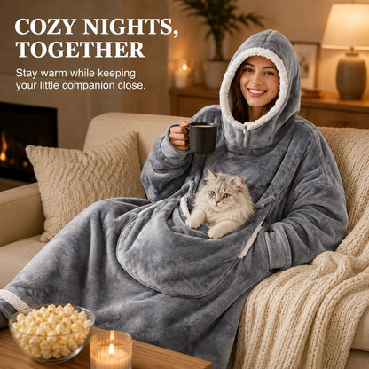 Oversized Sherpa Wearable Blanket Hoodie with Pet Pouch for Cats & Small Pets – Extra-Long Cozy Lounger for Couch, TV & Cold Nights