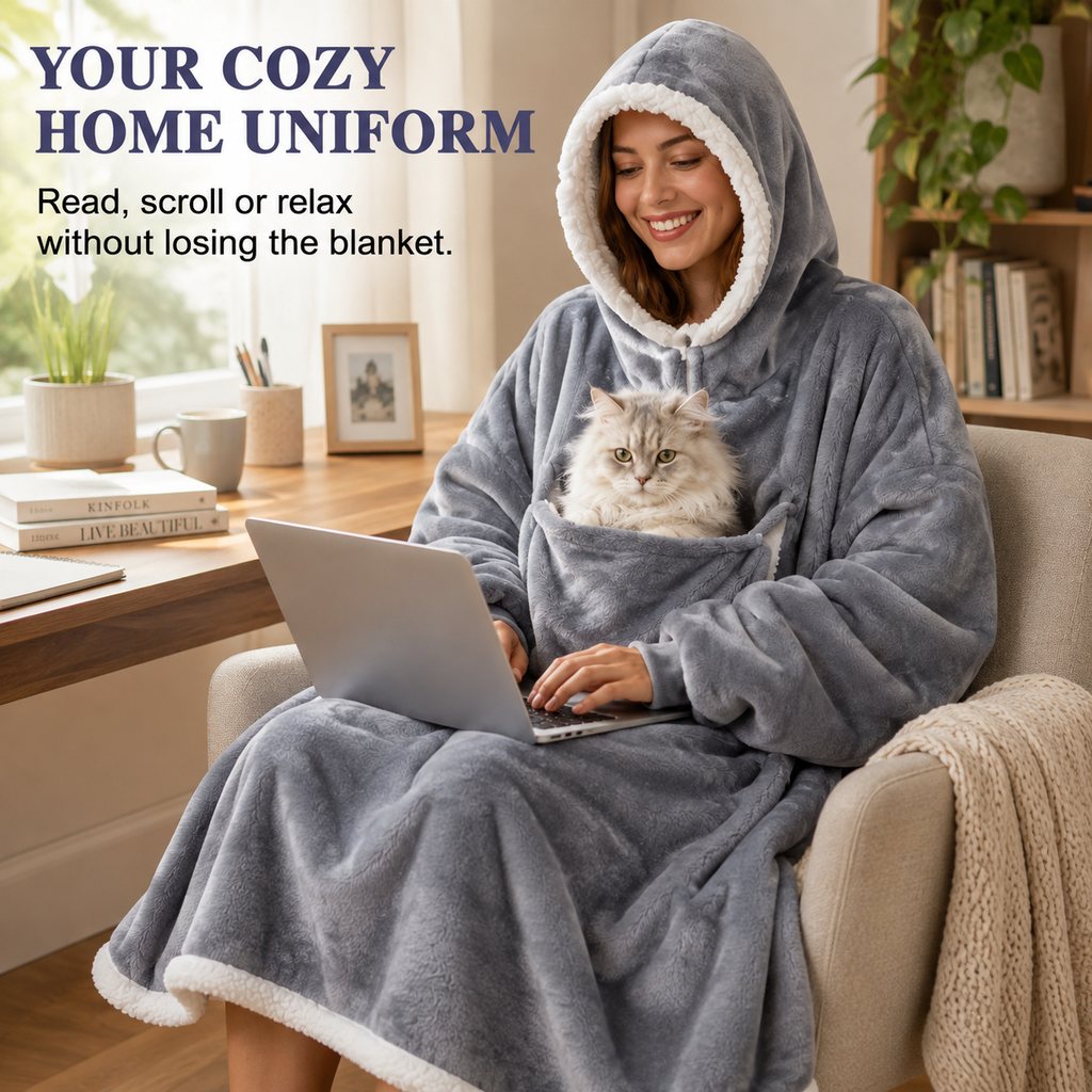 Oversized Sherpa Wearable Blanket Hoodie with Pet Pouch for Cats & Small Pets – Extra-Long Cozy Lounger for Couch, TV & Cold Nights