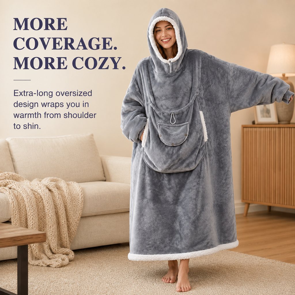 Oversized Sherpa Wearable Blanket Hoodie with Pet Pouch for Cats & Small Pets – Extra-Long Cozy Lounger for Couch, TV & Cold Nights
