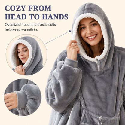 Oversized Sherpa Wearable Blanket Hoodie with Pet Pouch for Cats & Small Pets – Extra-Long Cozy Lounger for Couch, TV & Cold Nights