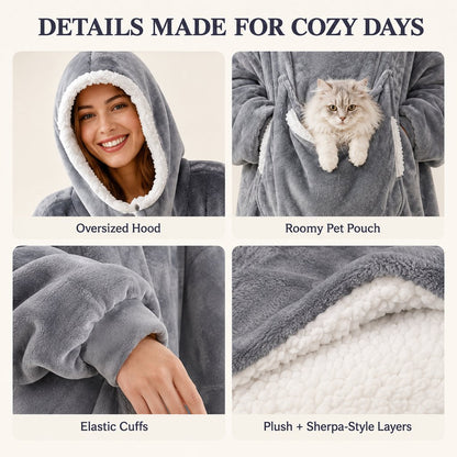 Oversized Sherpa Wearable Blanket Hoodie with Pet Pouch for Cats & Small Pets – Extra-Long Cozy Lounger for Couch, TV & Cold Nights