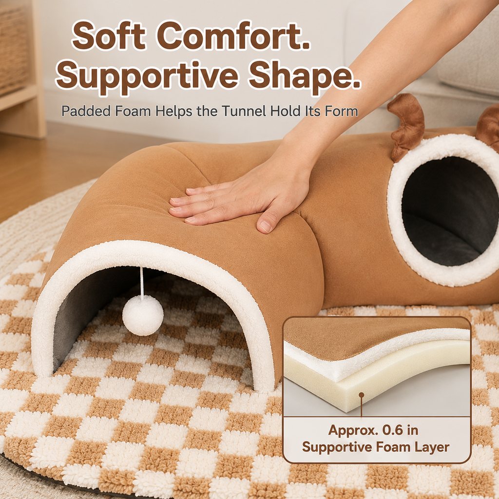 3-in-1 Multi-Cat Tunnel Bed & Play Mat for Indoor Cats - Spacious Cozy Hideaway for Shared Rest, Play & Less Bed Competition