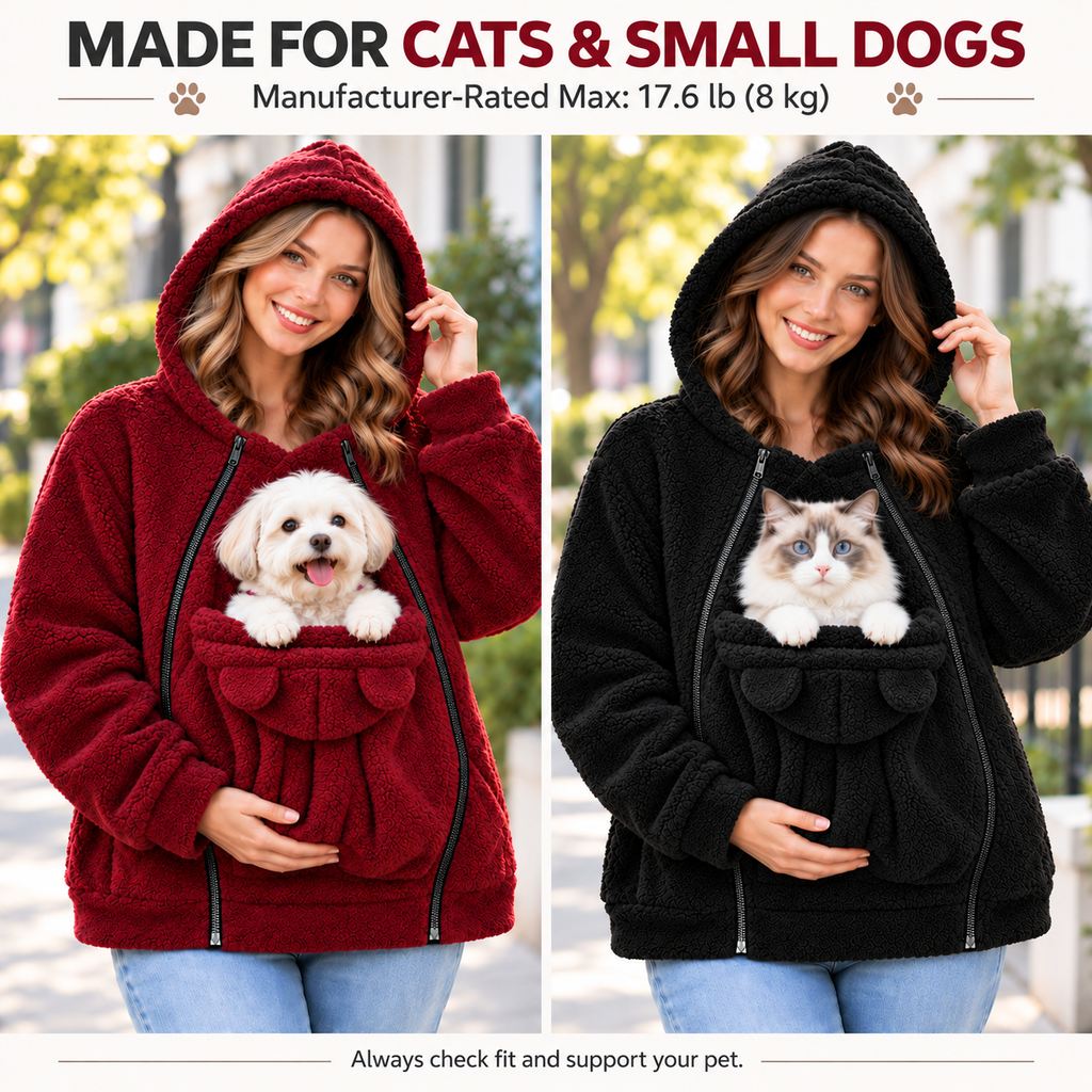 Cozy Fleece Pet Carrier Hoodie with Front Pouch for Cats & Small Dogs – Keep Your Pet Close at Home & on Short Outings