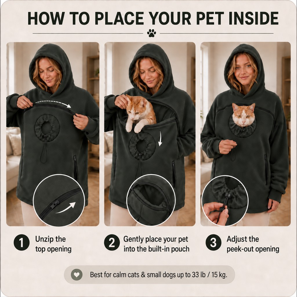 Hands-Free Pet Carrier Hoodie – Cozy Front Pouch for Cats & Small Dogs at Home & Everyday Outings