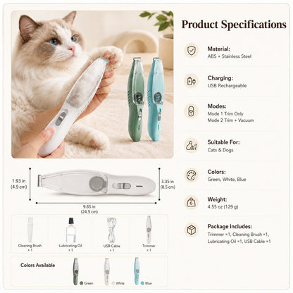 Pet Paw Trimmer with Built-In Vacuum for Cats & Dogs - Low-Noise Detail Groomer for Paws, Ears & Loose Fur Cleanup