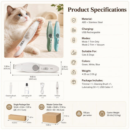 Pet Paw Trimmer with Built-In Vacuum for Cats & Dogs - Low-Noise Detail Groomer for Paws, Ears & Loose Fur Cleanup