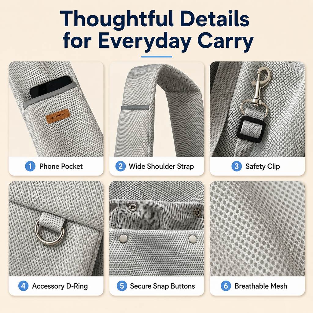 Crossbody Pet Sling Carrier for Small Dogs & Cats - Breathable Hands-Free Travel Bag for Walks, Errands & Vet Visits