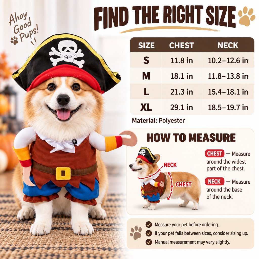 Funny Pirate Dog Costume with Hat & Hook Arms - Complete Halloween Party & Photo Outfit for an Instant 3D Pirate Look