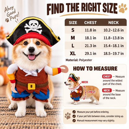 Funny Pirate Dog Costume with Hat & Hook Arms - Complete Halloween Party & Photo Outfit for an Instant 3D Pirate Look