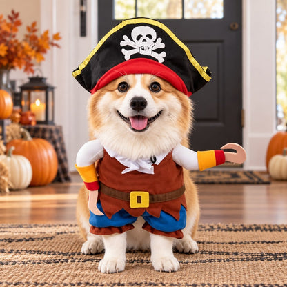 Funny Pirate Dog Costume with Hat & Hook Arms - Complete Halloween Party & Photo Outfit for an Instant 3D Pirate Look