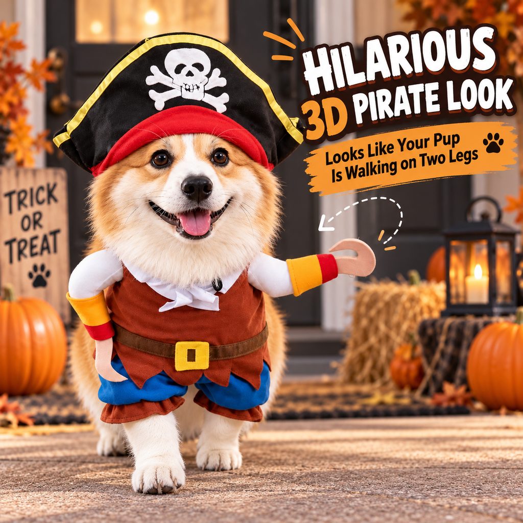 Funny Pirate Dog Costume with Hat & Hook Arms - Complete Halloween Party & Photo Outfit for an Instant 3D Pirate Look