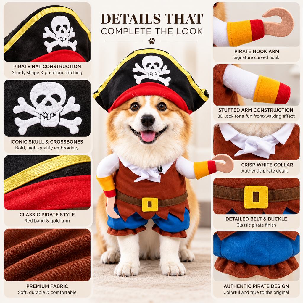 Funny Pirate Dog Costume with Hat & Hook Arms - Complete Halloween Party & Photo Outfit for an Instant 3D Pirate Look